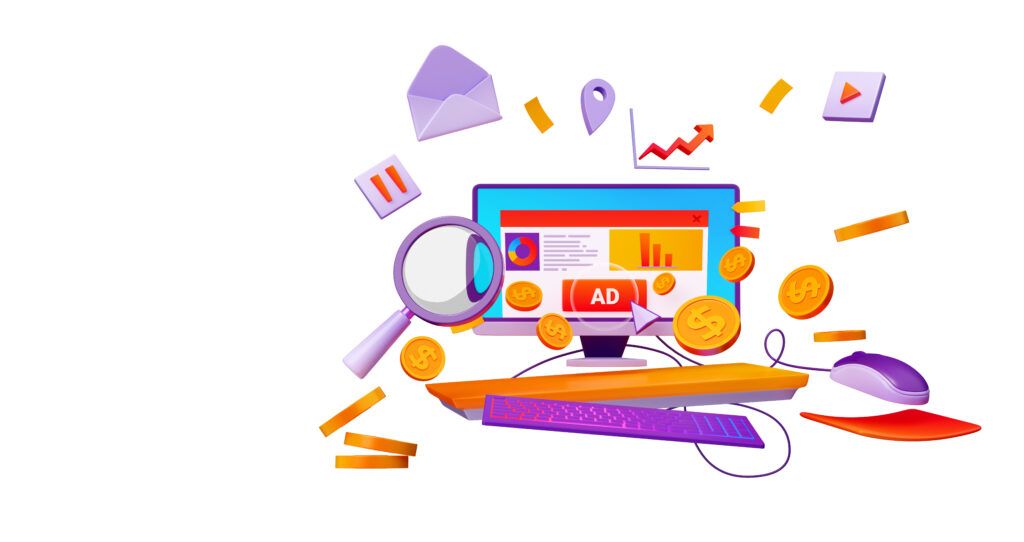 3D illustration of Google Ads pay-per-click management showing a computer screen with ad campaigns, analytics, magnifying glass, coins, email, and digital marketing icons
